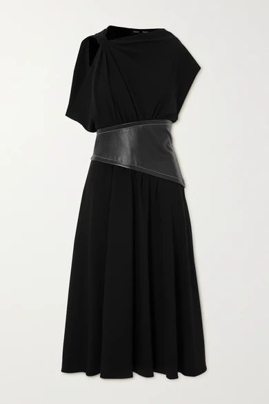 Draped Crepe And Leather Midi Dress - Black
