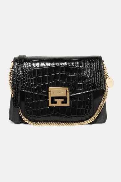 Gv3 Small Croc-effect Leather And Suede Shoulder Bag - Black