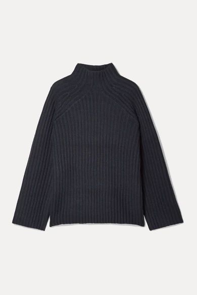 Peach Oversized Ribbed Wool-blend Turtleneck Sweater - Navy