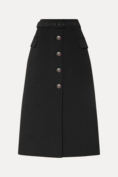 - Belted Wool-blend Twill Midi Skirt - Black