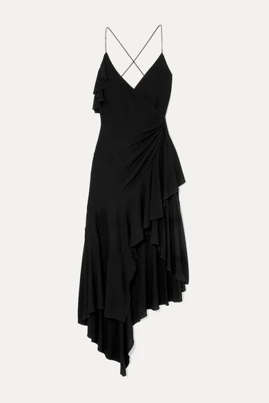 - Crystal-embellished Wrap-effect Ruffled Jersey Dress - Black
