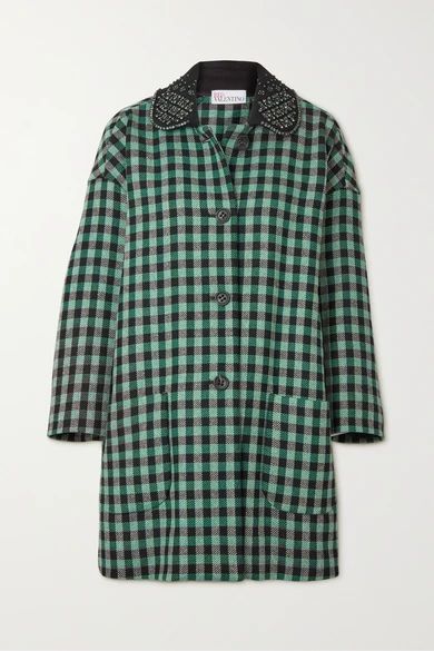 Crystal-embellished Checked Wool-blend Tweed Coat - Green