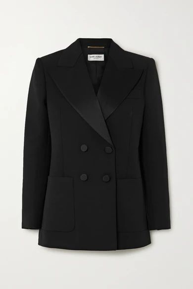 Double-breasted Satin-trimmed Wool-twill Blazer - Black