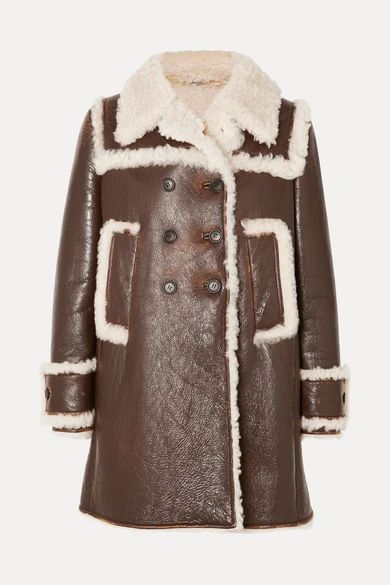 Shearling-trimmed Textured-leather Coat - Brown