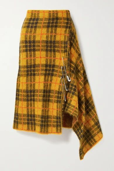 Asymmetric Embellished Checked Knitted Skirt - Mustard