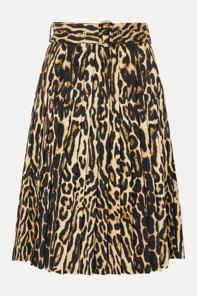 Belted Pleated Leopard-print Silk-blend Skirt - Camel