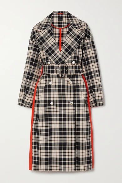 Belted Double-breasted Checked Organic Cotton-twill Coat - Orange