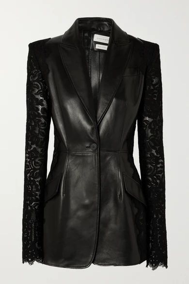 Lace-paneled Leather Blazer - Black