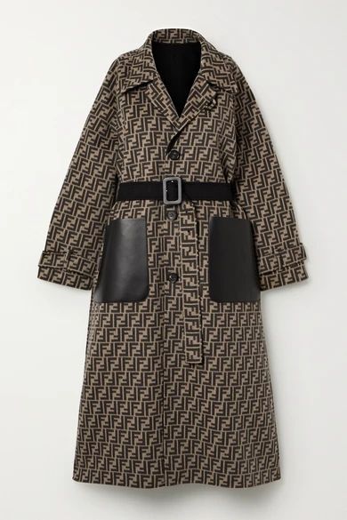 Reversible Belted Leather-trimmed Wool And Silk-blend Jacquard Coat - Black