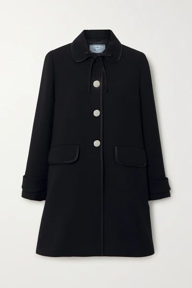 Bow-detailed Satin-trimmed Wool Coat - Black