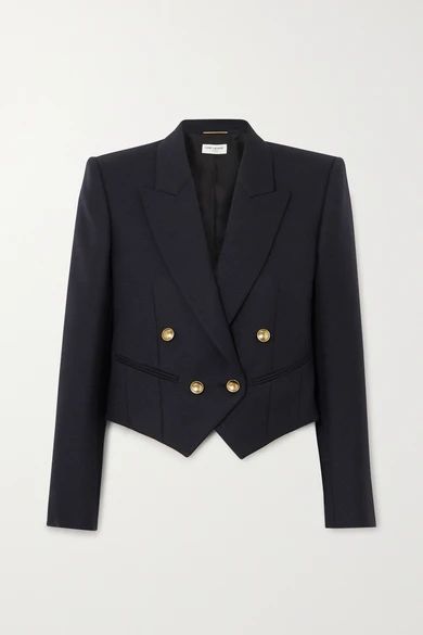 Cropped Double-breasted Wool-twill Blazer - Blue