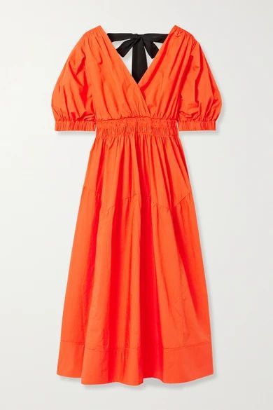 Shirred Cotton-poplin Midi Dress - Bright orange