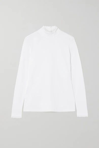 Lace-trimmed Cotton-jersey Turtleneck Top - White