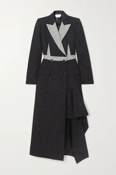 Asymmetric Double-breasted Donegal Wool-blend Coat - Black