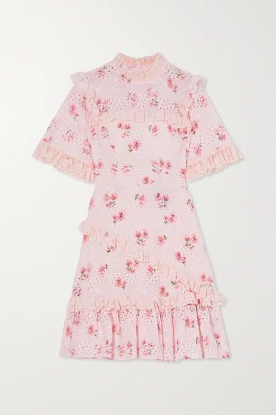 Desert Rose Ruffled Floral-print Broderie Anglaise Cotton-blend Mini Dress - Baby pink