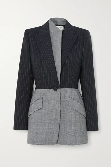 Asymmetric Pinstriped And Prince Of Wales Checked Wool Blazer - Black