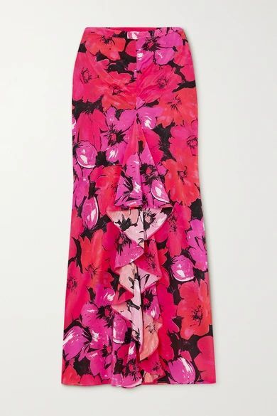 Vi Ruffled Floral-print Silk Crepe De Chine Midi Skirt - Pink
