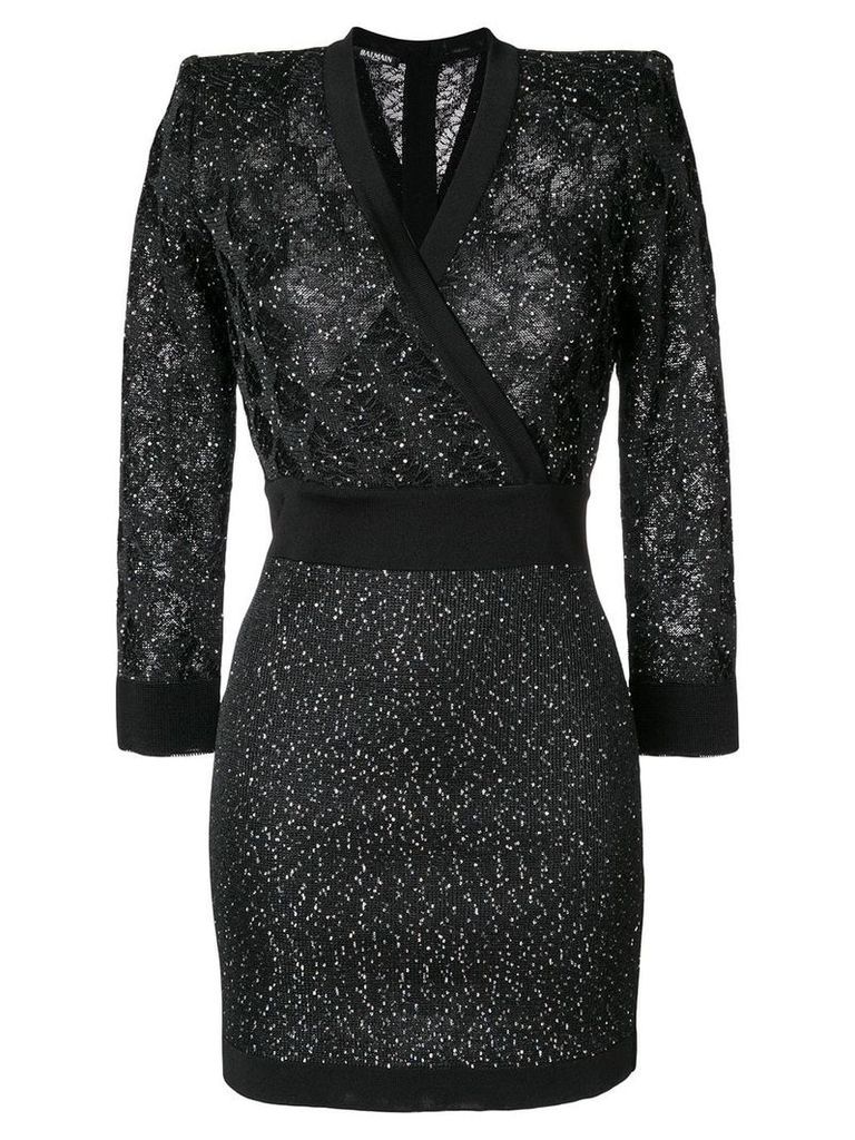 Balmain sequin-embellished knit wrap dress - Black