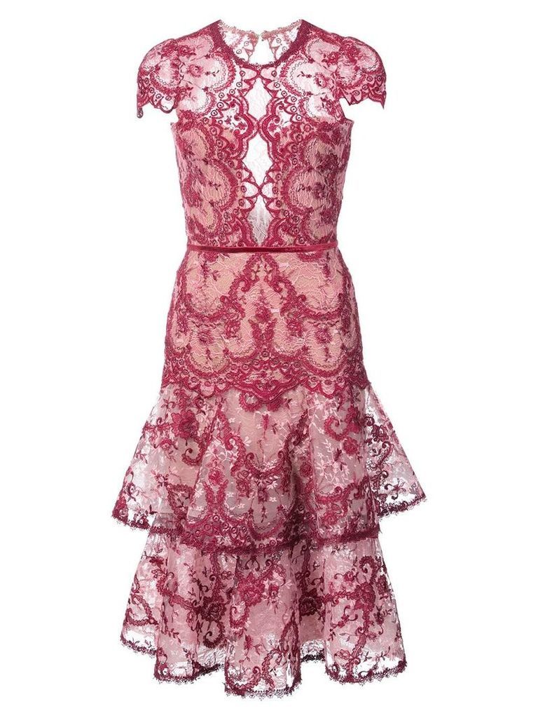 Marchesa Notte embroidered lace midi dress - Pink