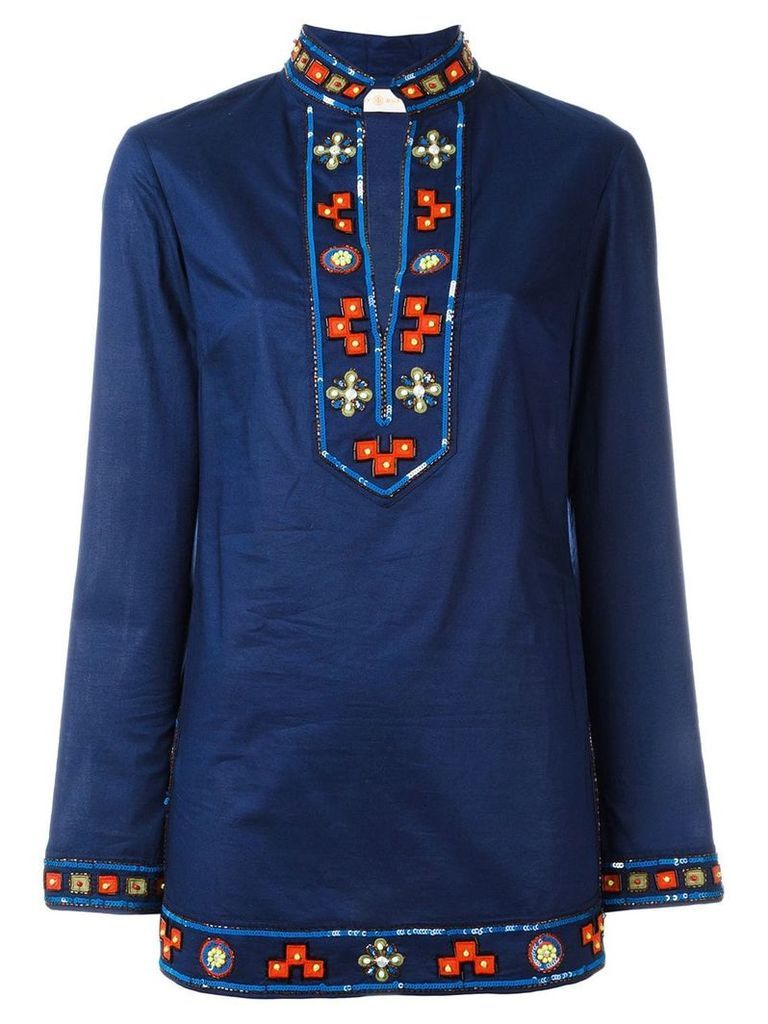 Tory Burch embroidered open neck top - Blue