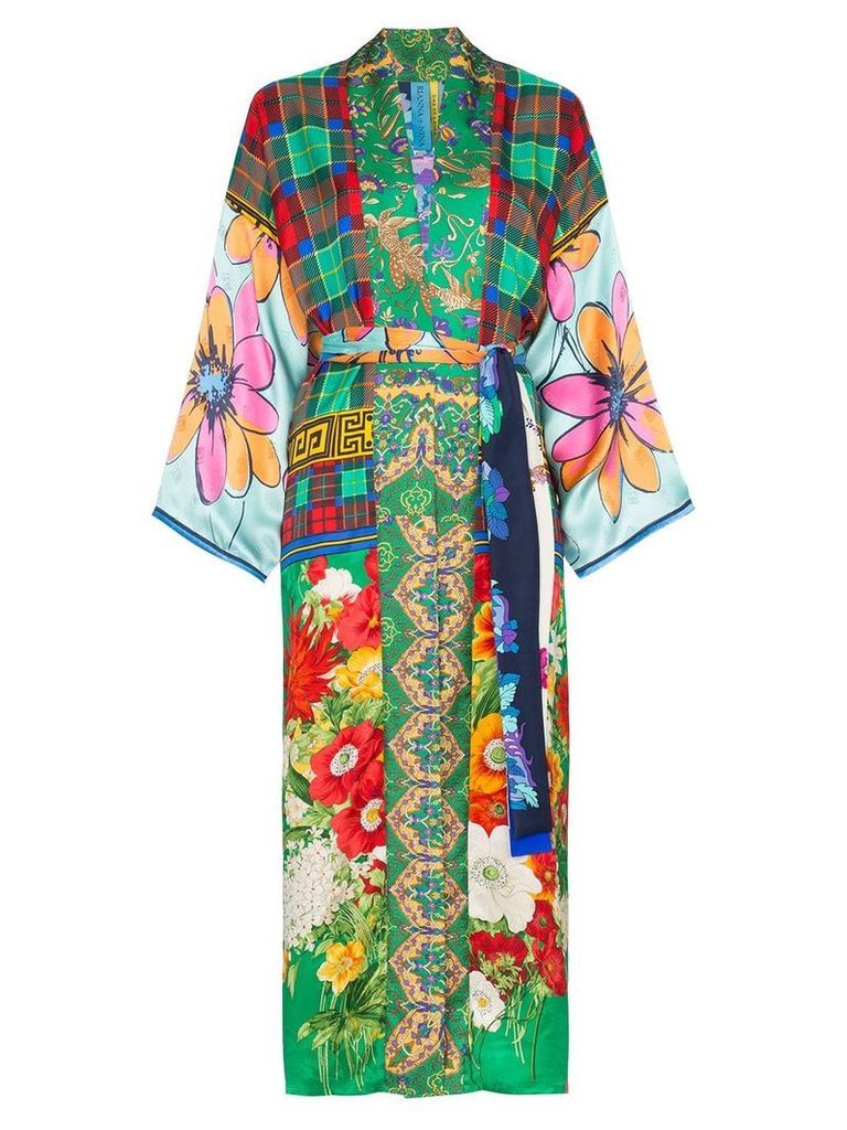 Rianna + Nina long multi floral check print silk kimono robe -
