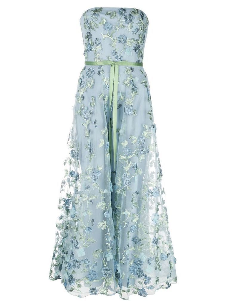 Marchesa Notte floral embroidered strapless gown - Blue