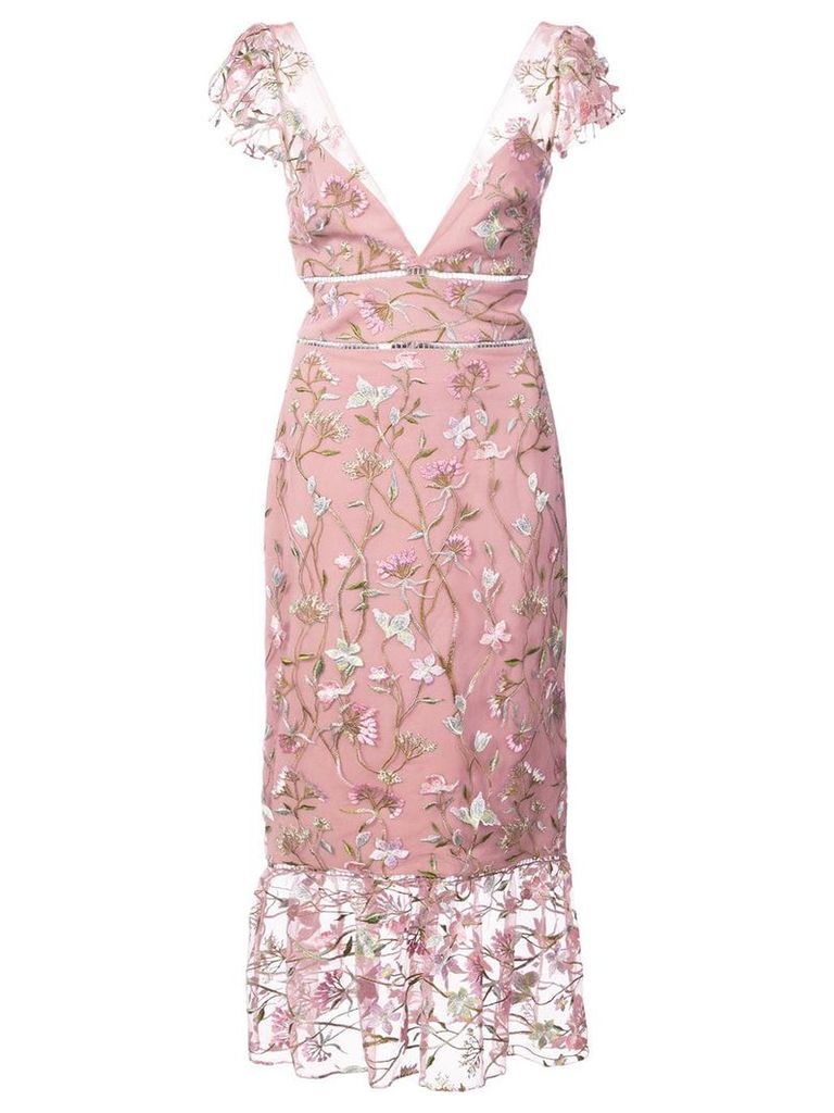 Marchesa Notte floral-embroidered midi dress - Pink