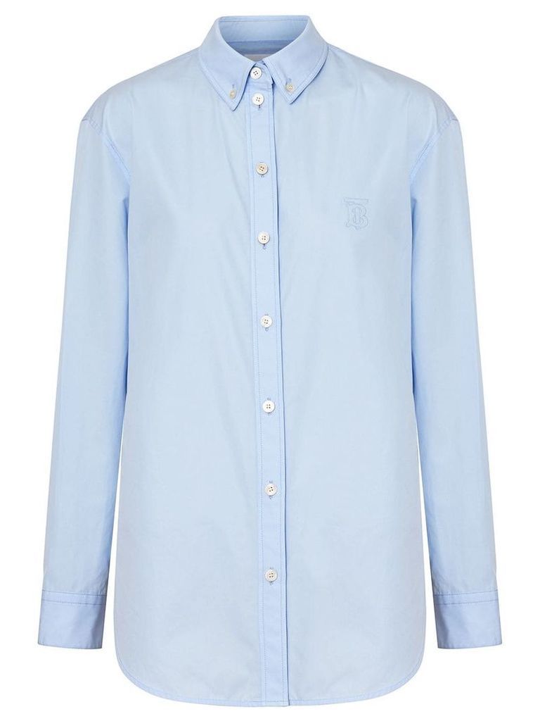 Burberry Button-down Collar Monogram Motif Cotton Shirt - Blue