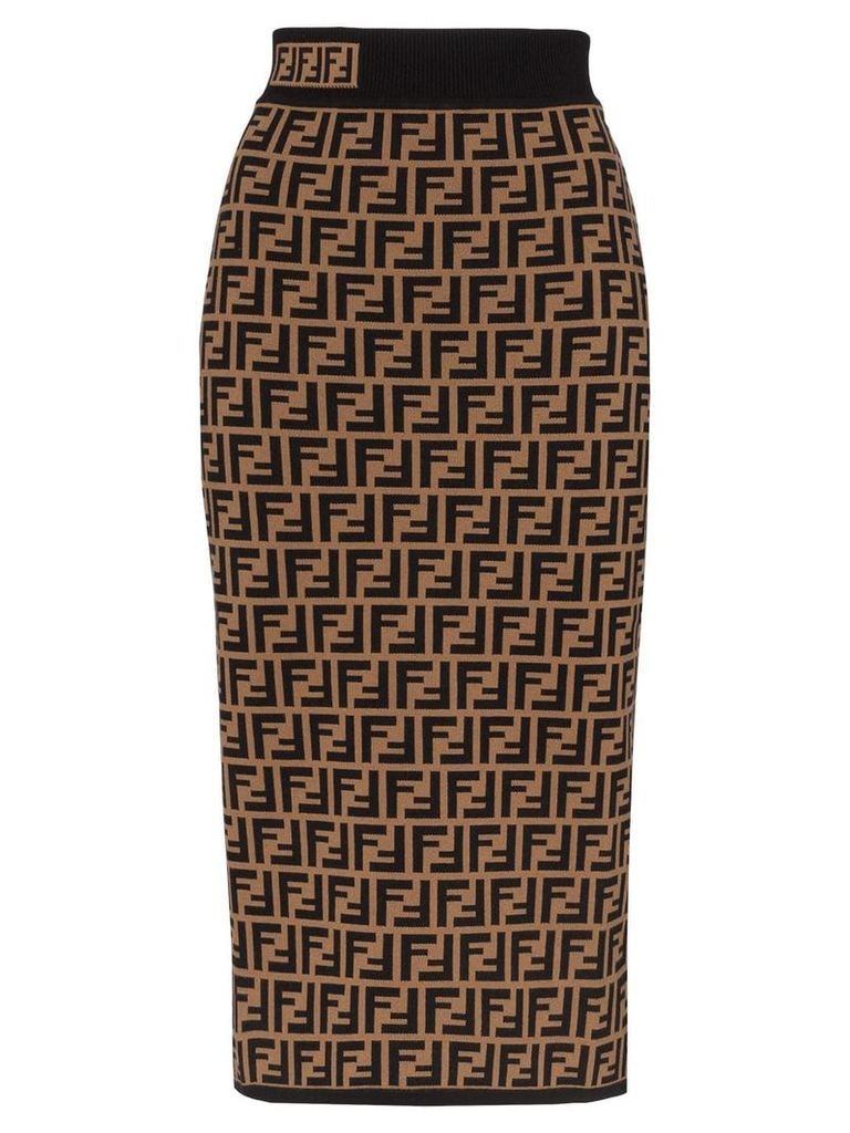 Fendi FF logo intarsia knitted pencil skirt - Brown