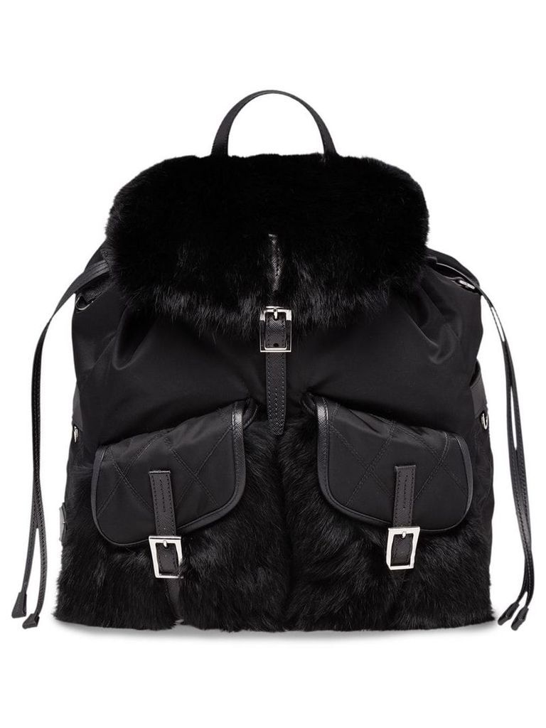 Prada Saffiano and fur trimmed backpack - Black
