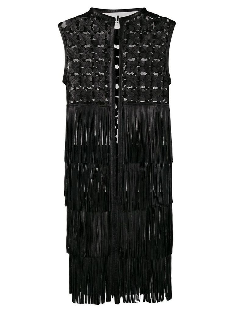 Caban Romantic embroidered leather coat with fringes - Black