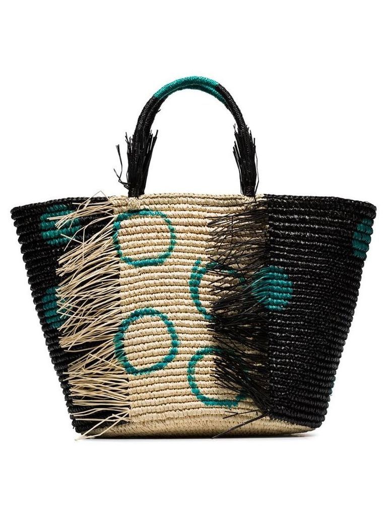 Sensi Studio black and green straw tote bag