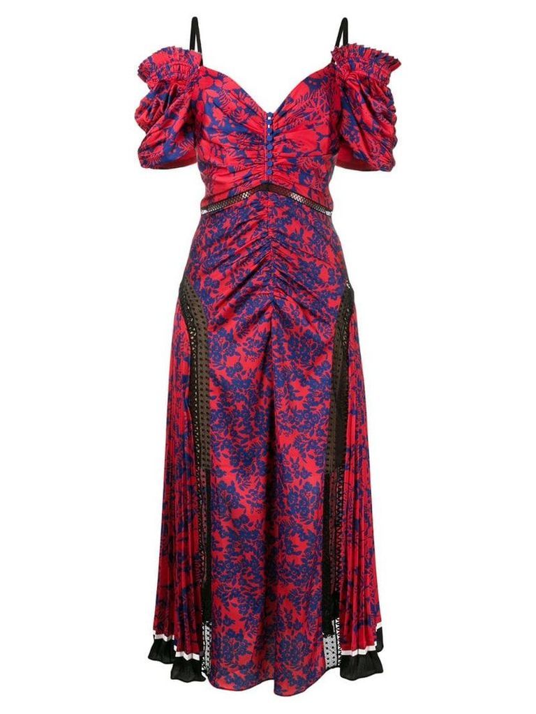 Self-Portrait printed pleated cold shoulder dress - Red
