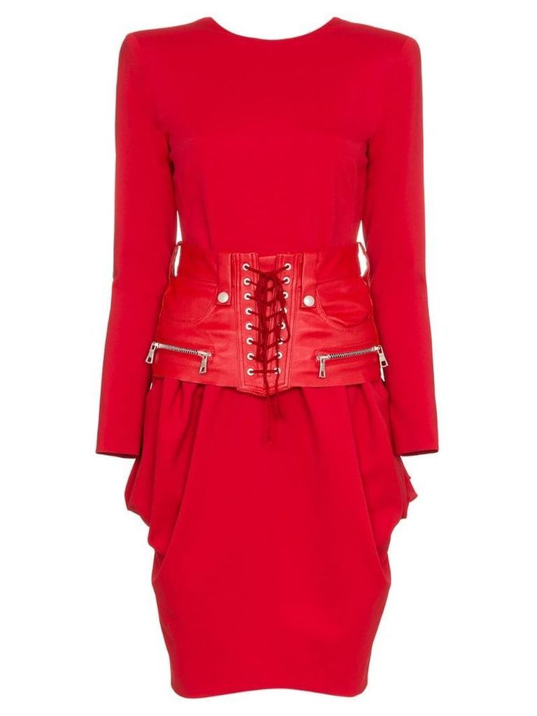 Unravel Project Belted Cotton and Leather Midi Dress - Red