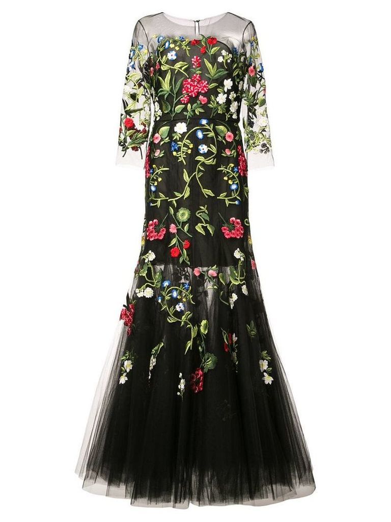 Oscar de la Renta floral embroidered tulle gown - Black