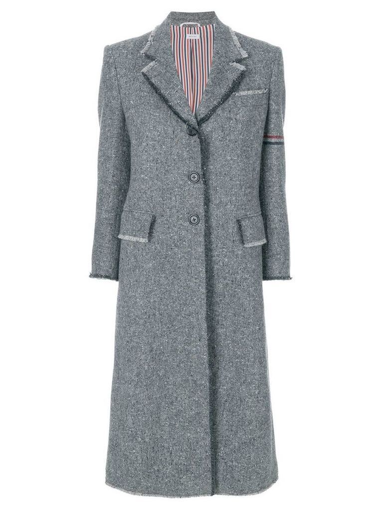 Thom Browne striped frayed-edge overcoat - Grey