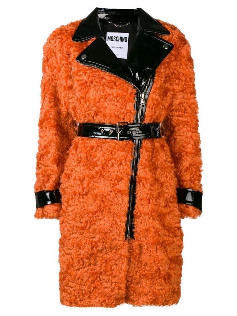 Moschino belted shearling coat - Orange