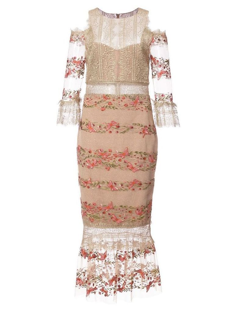 Marchesa Notte embroidery and lace midi dress - Yellow