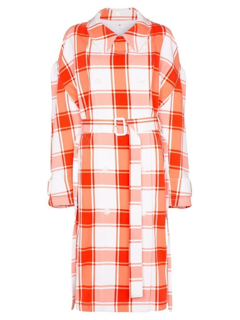 pushBUTTON check-print puff-sleeve trench coat - Red