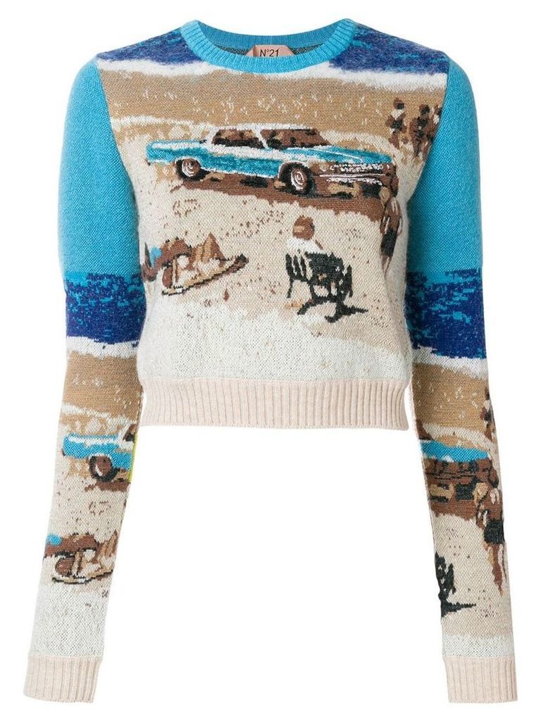 Nº21 cropped intarsia knit jumper - Blue