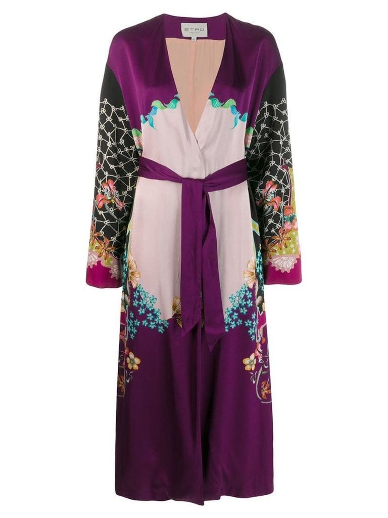 Etro floral print contrast belted coat - Purple