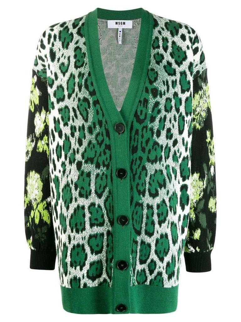MSGM oversized leopard print V-neck cardigan - Green