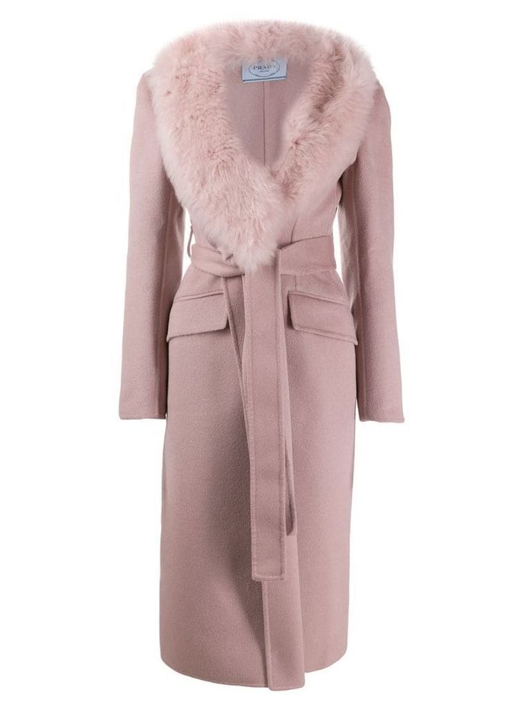 Prada fur collar wrap coat - Pink