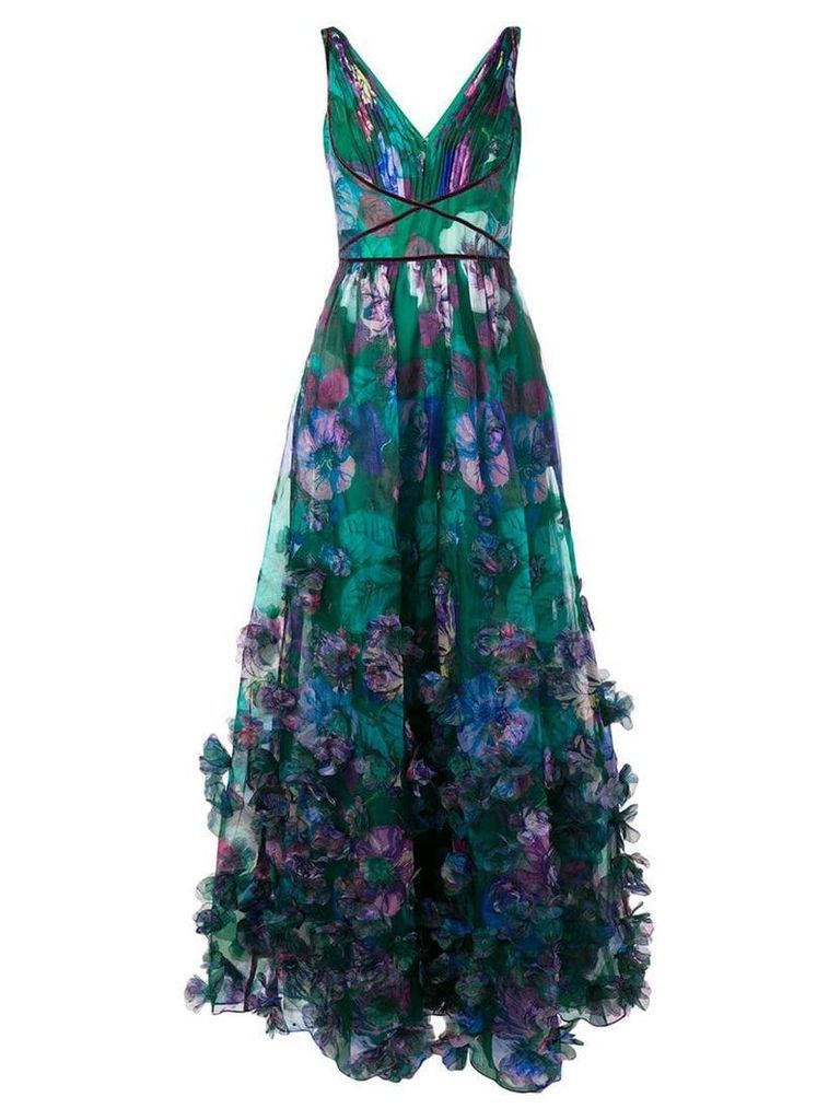 Marchesa Notte 3D floral embellished evening gown - Green