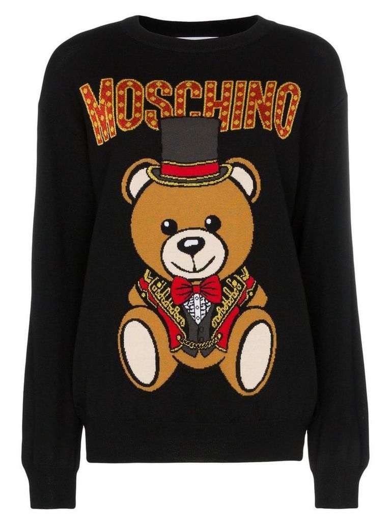 Moschino logo bear intarsia knitted virgin wool jumper - Black