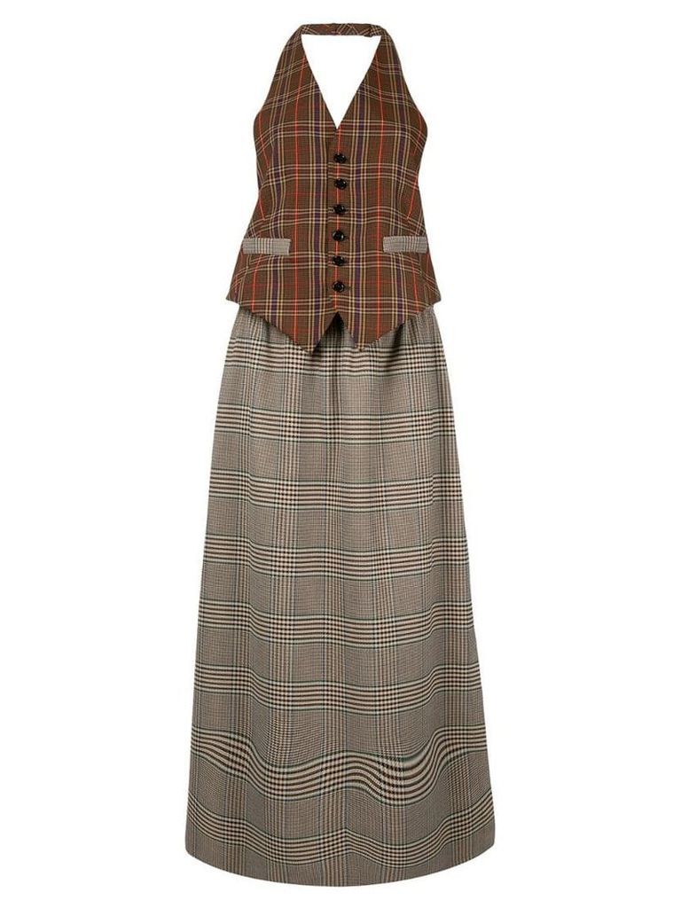 Mm6 Maison Margiela two-fabric checked long dress - Brown