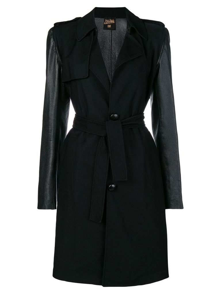 Jean Paul Gaultier Pre-Owned faux-leather sleeves belted coat - Black