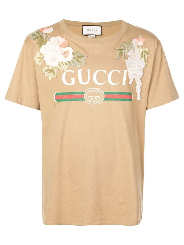 Gucci Pre-Owned logo floral patch T-shirt - Brown