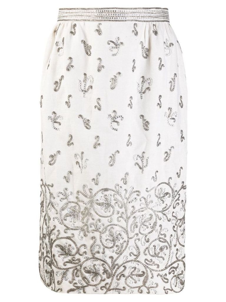 Valentino Pre-Owned bead embroidered straight skirt - NEUTRALS