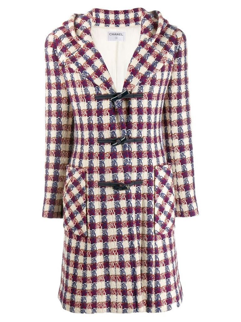 Chanel Pre-Owned 2006 hooded plaid midi coat - NEUTRALS